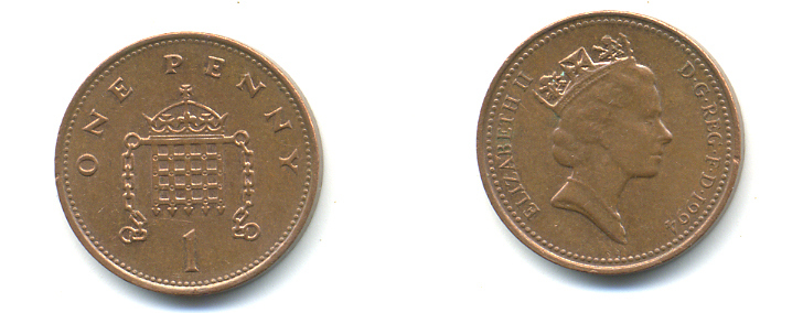 Великобритания 1 пенни 1994 Елизавета II (1952-2022) KM 935a, Spink 4391 (B4) сталь плакированная медью 177-1137