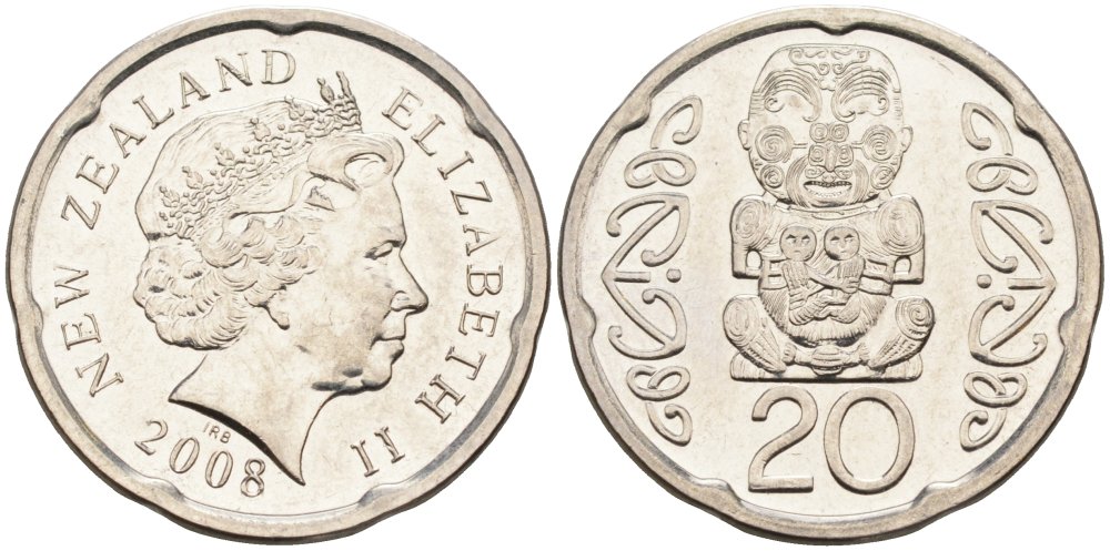 Новая Зеландия 20 центов 2008 Елизавета II (1952-2022), идол Пукаки KM 118а никелированная сталь 4579-1217