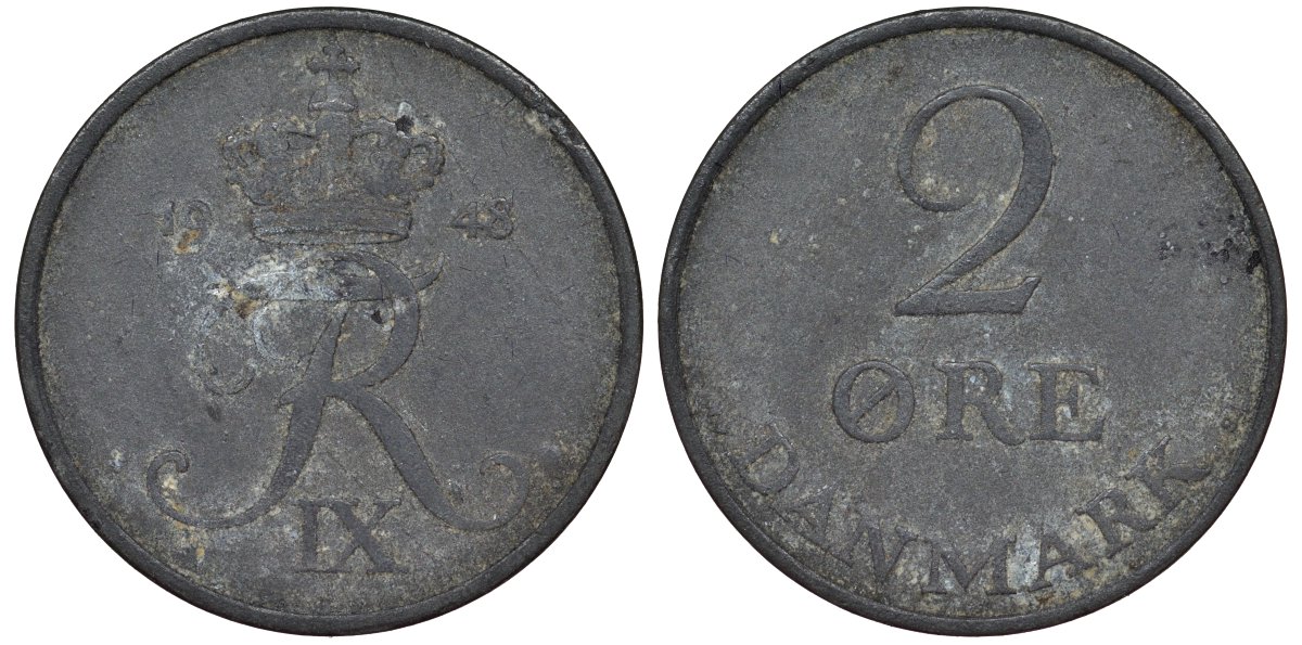 Дания 2 эре 1948 KM 840 цинк 113-811