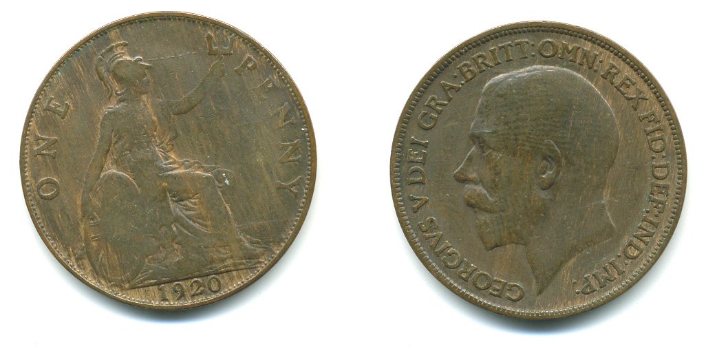 Великобритания 1 пенни 1920 Георг V (1910-1936) KM 810, Spink 4051 бронза 540-631