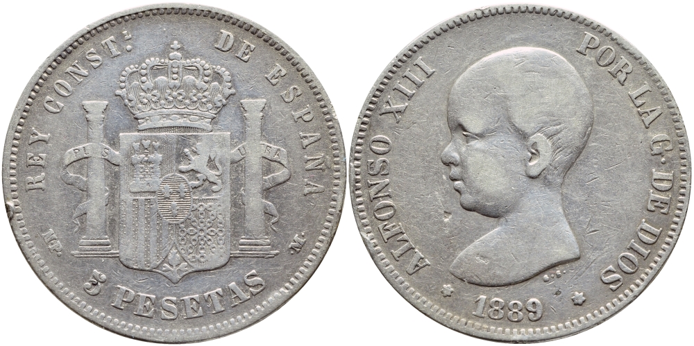 Испания 5 песет 1889 (89) MP-M, Альфонсо XIII (1886-1931) KM 689 серебро    00-1067-1-12