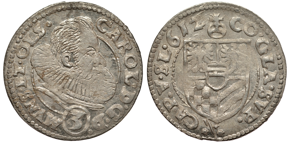 Силезия, Мюнстерберг, Олесница грошен (3 крейцера) 1612 Карл II серебро 413-924