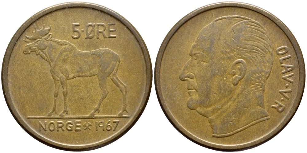 НОРВЕГИЯ 5 ЭРЕ 1967 ЛОСЬ KM 405 бронза 4394-1121