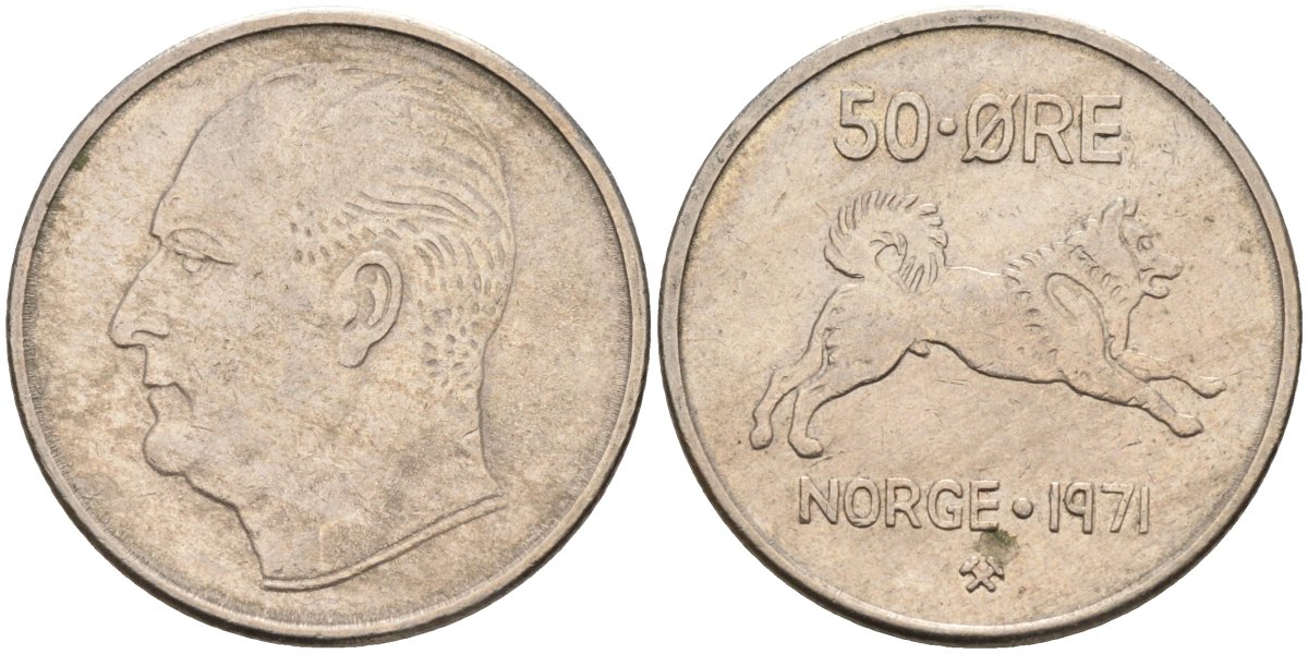 Норвегия 50 эре 1971 Улаф V (1957-1991), собака KM 408 медно-никель 4582-722