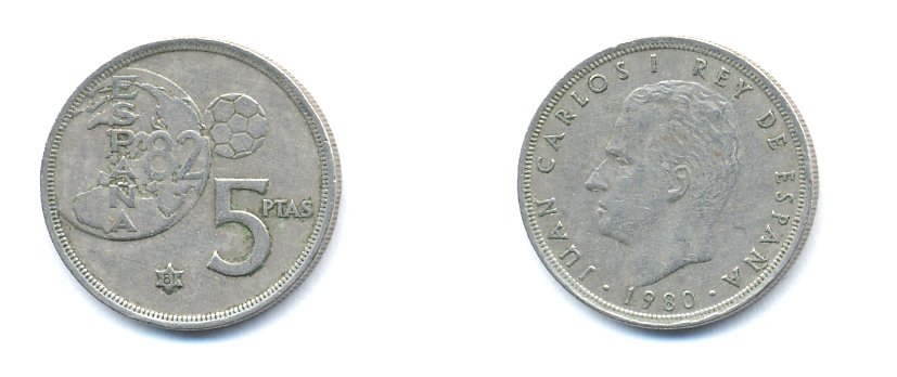 Испания 5 песет 1980 (81) чемпионат мира по футболу в Испании 1982 года, Хуан Карлос I (1975-) KM 817 медно-никель 54-1825