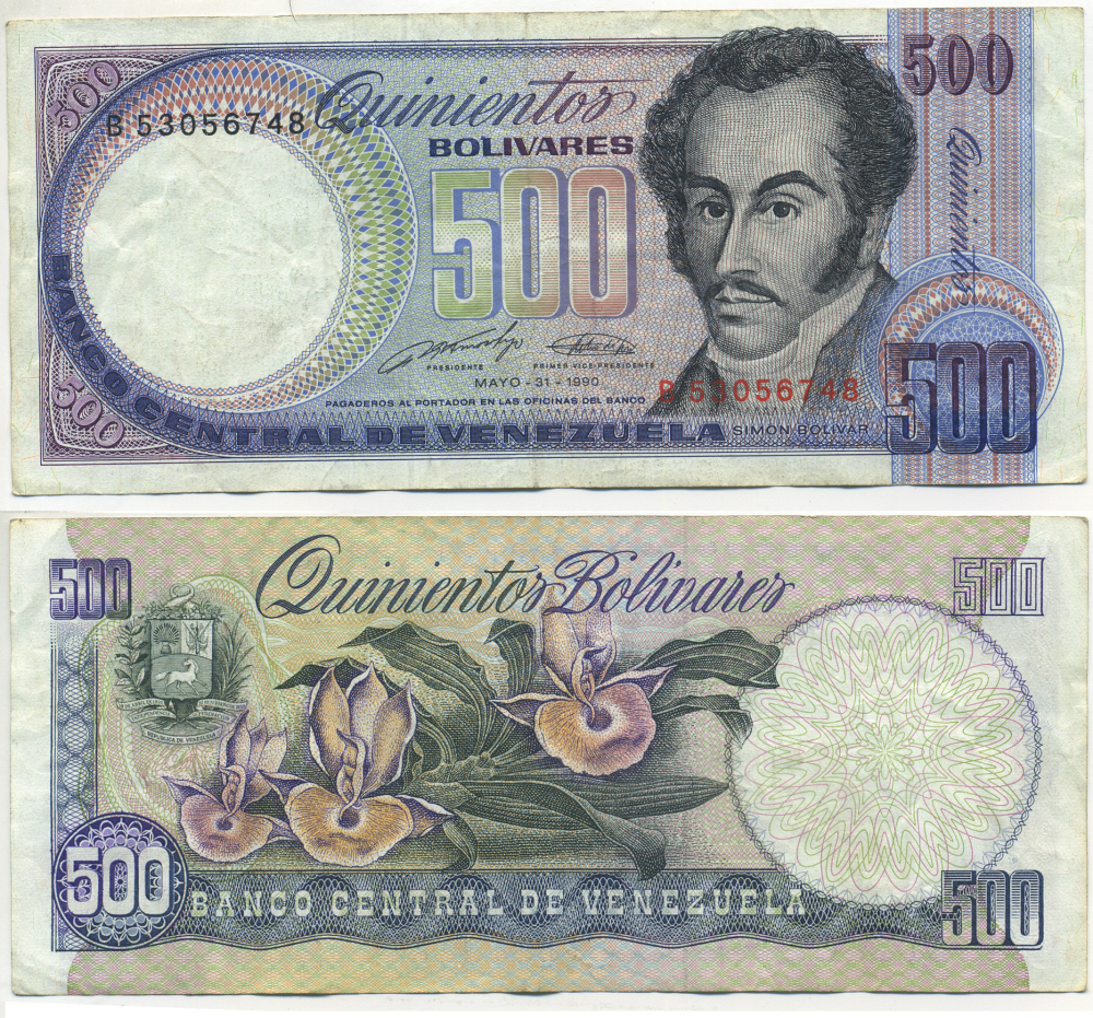 Венесуэла 500 боливаров 1990 серия В, Симон Боливар, орхидеи Pick 67d бумага 6278-7-3-2