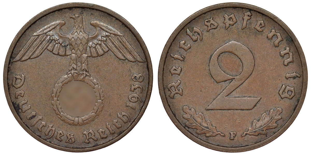 Германия 2 рейхспфеннига 1938 F KM 38, J. 362 алюминиевая бронза 4121-631