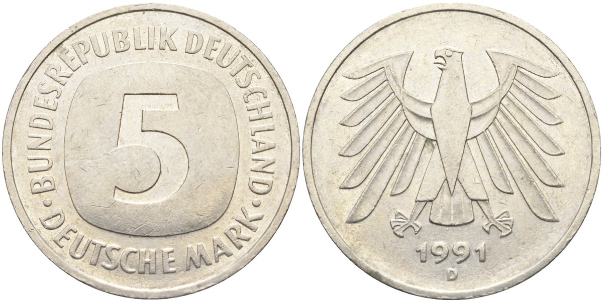 ФРГ 5 марок 1991 D KM 140.1, J.415 медно-никель 4139-125