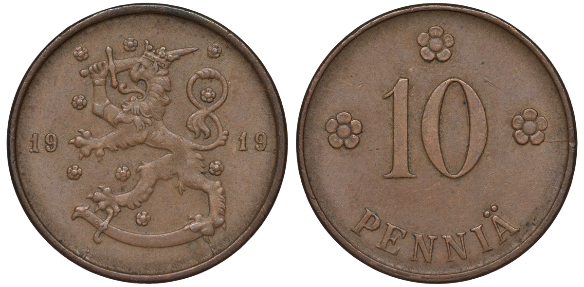Финляндия 10 пенни 1919 KM 24 медь 45-1249