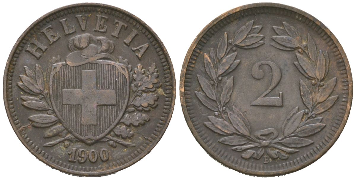 Швейцария 2 раппена 1900 B KM 4 бронза 4387-619