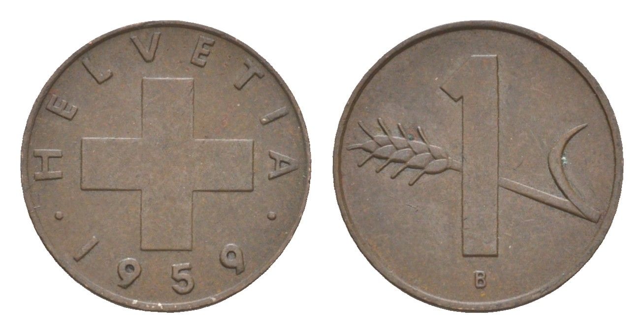 Швейцария 1 раппен 1959 B KM 46 бронза 3458-629