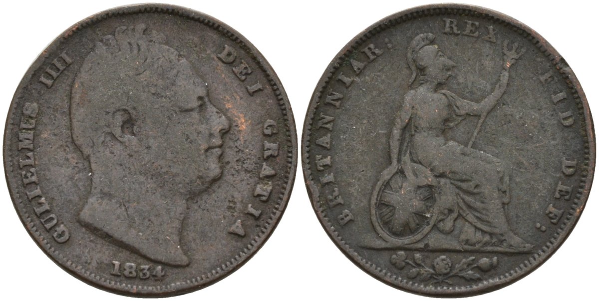 Великобритания 1 фартинг 1834 Вильгельм IV (1830-1837) Spink 3848, KM 705 медь 4146-414