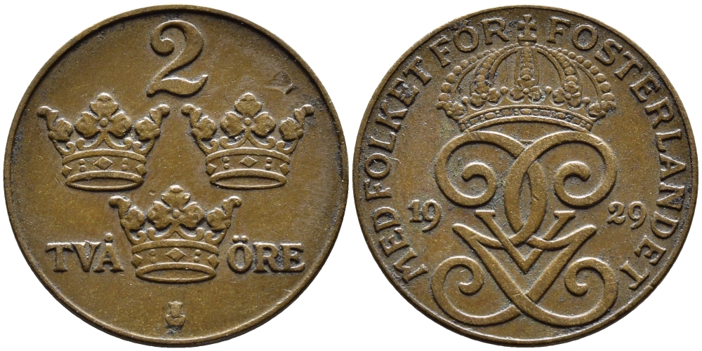 Швеция 2 эре 1929 Густав V (1907-1950) KM 778 бронза 4385-444