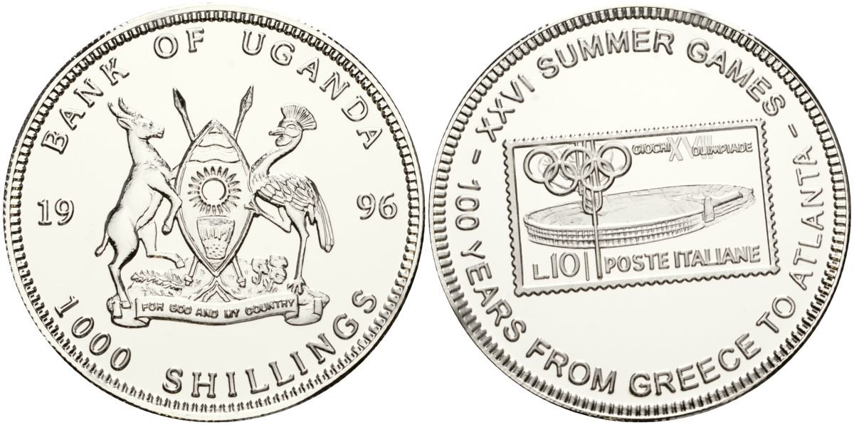 Уганда 1000 шиллингов 1996 100 лет Олимпийским играм - Рим 1960 UC 101 медно-никель PROOF 00-00