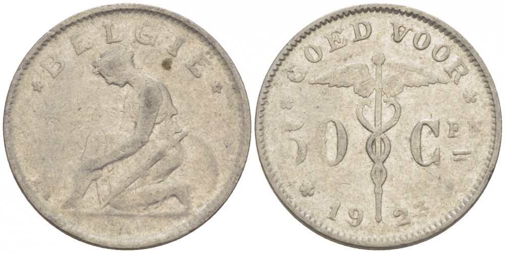 БЕЛЬГИЯ 50 САНТИМОВ 1923 BELGIE KM 88 никель 261-1113