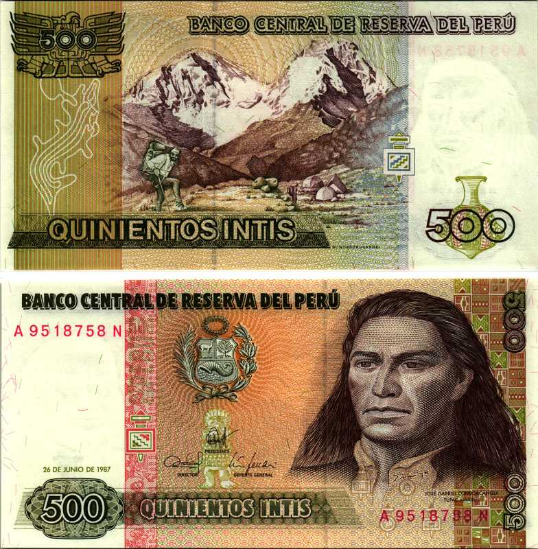 Перу 500 инти 1987 Хосе Габриель, Тупак Амару II, южноамериканский революционер, организатор восстания коренных народов против испанских колониальных властей в перу, альпинисты на восхождении Pick 134b бумага UNC (пресс) 7219-34-3-1