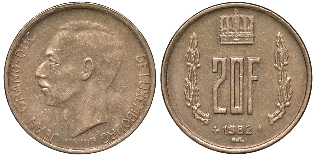 Люксембург 20 франков 1982 герцог Жан (1964-1999) KM 58 алюминиевая бронза 4144-143