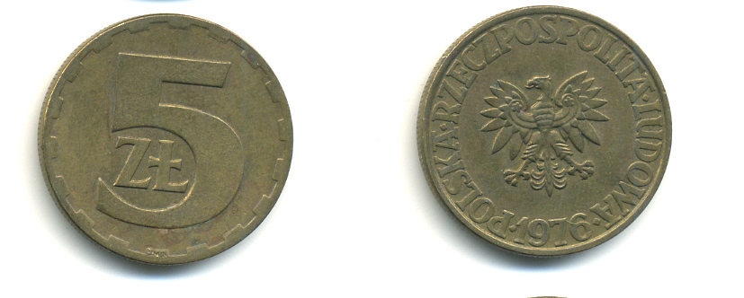 Польша 5 злотых 1976 монетный двор Ленинград (ЛМД) KM 81.1, Parchimowicz 221b латунь 176-1014