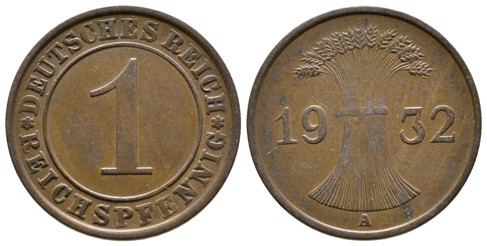 ГЕРМАНИЯ 1 РЕЙХСПФЕННИГ 1932 A KM 37, J. 313 бронза 4380-1226