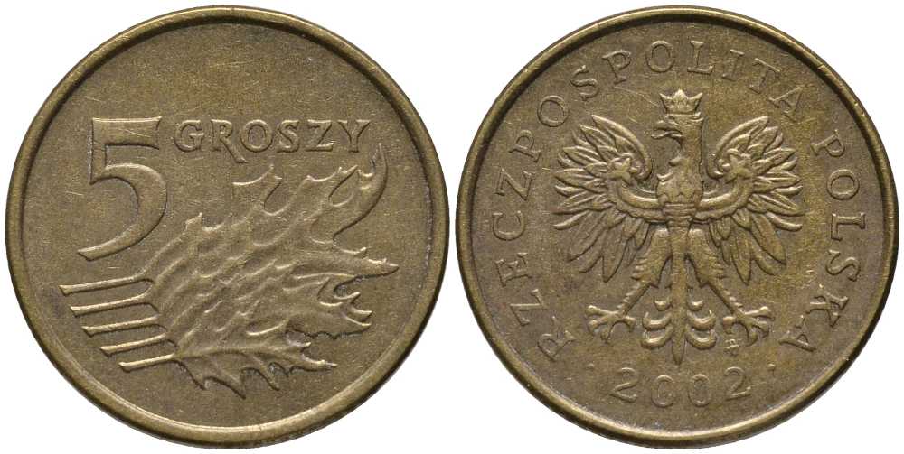 Польша 5 грошей 2002 MW KM 278 латунь 201-429