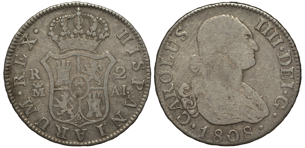 Испания 2 реала 1808 M AL, мондвор (Мадрид), Карлос IIII (1788-1808) KM 430.1 ( C69.1) серебро 650-835