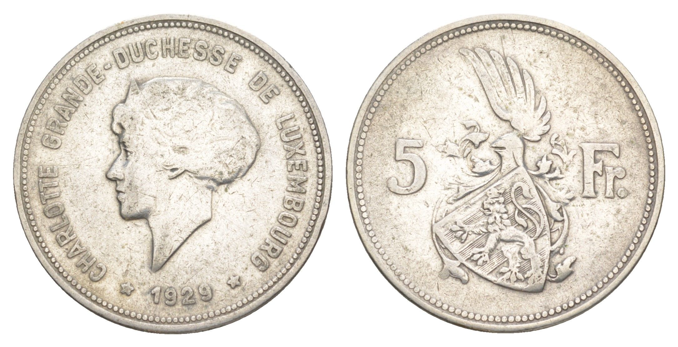 Люксембург 5 франков 1929 Шарлотта (1918-1964) KM 38 серебро 34-926