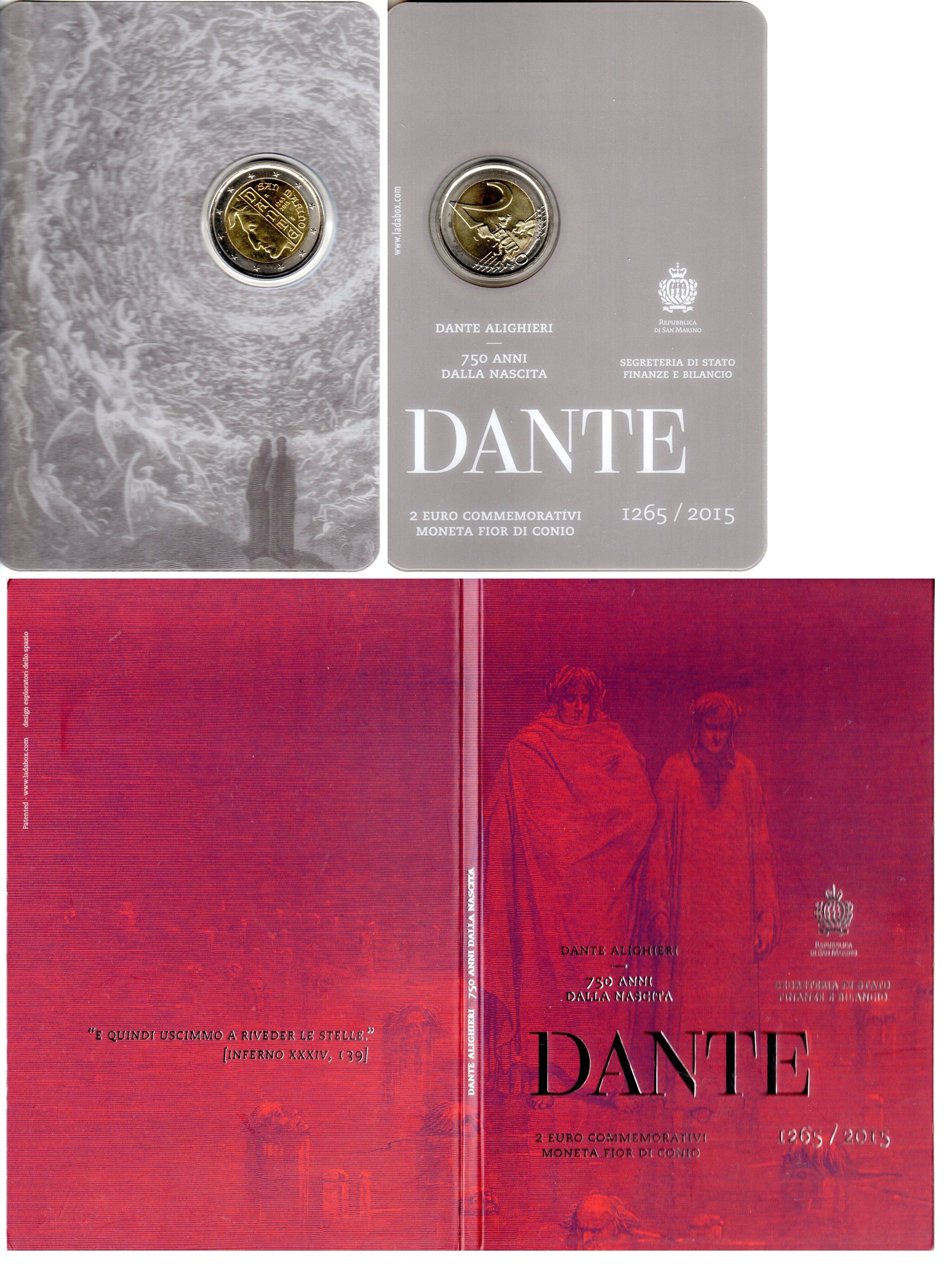 Сан-Марино 2 евро 2015 750 лет со дня рождения Данте Алигьери, в оригинальном буклете KM 541 биметалл UNC 8-2-01-16