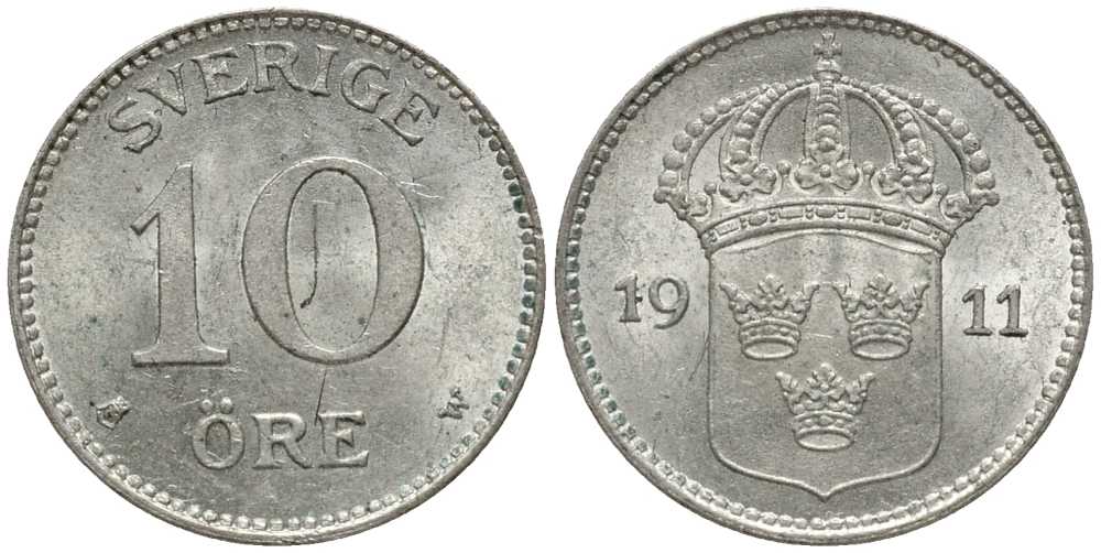 Швеция 10 эре 1911 W, Густав V (1907-1950) КМ 780 серебро 201-1056
