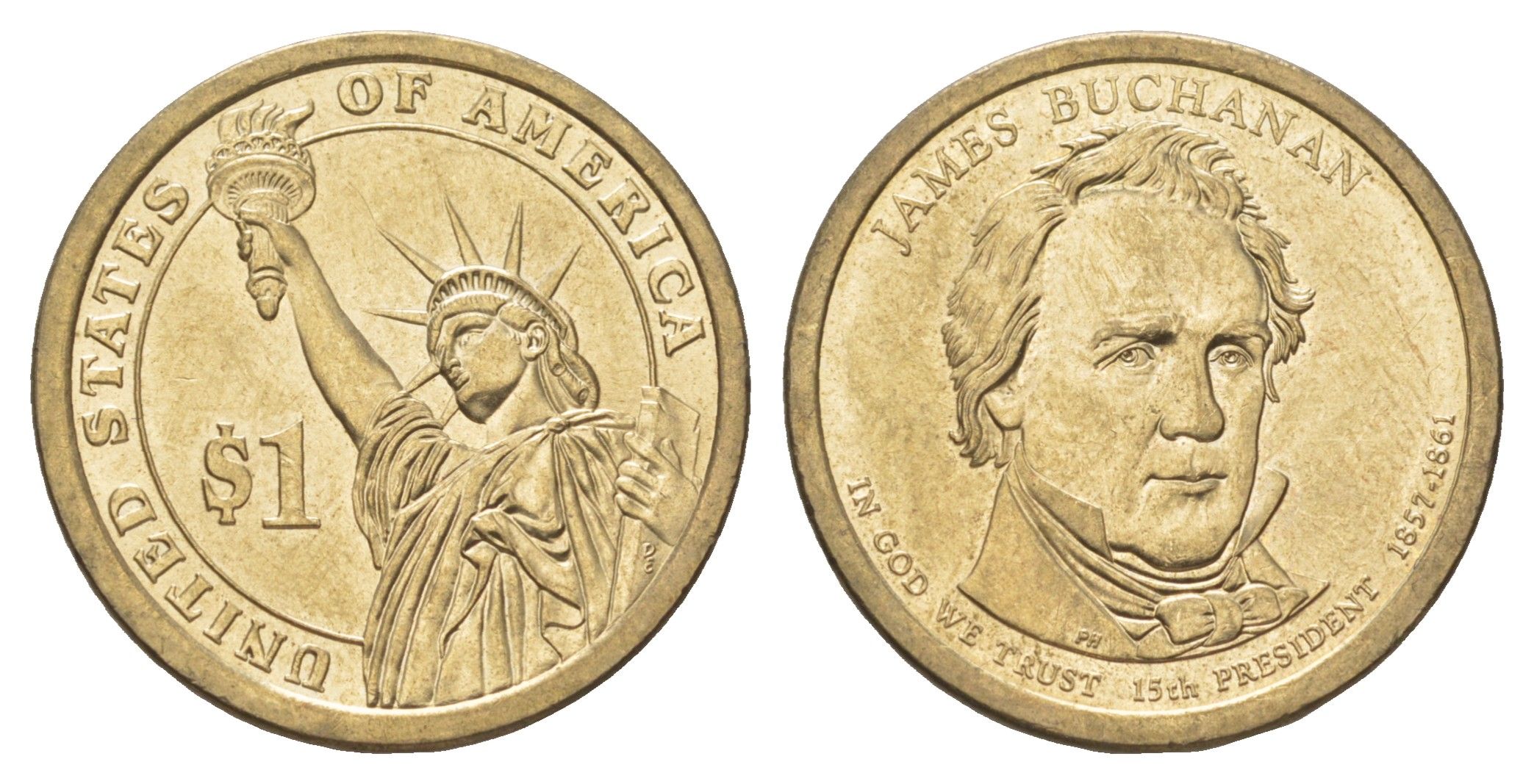 США 1 доллар 2010 P, Президент США - Джеймс Бьюкенен (1857-1861) KM 477 медь с марганцево-латунным покрытием UNC 4629-255