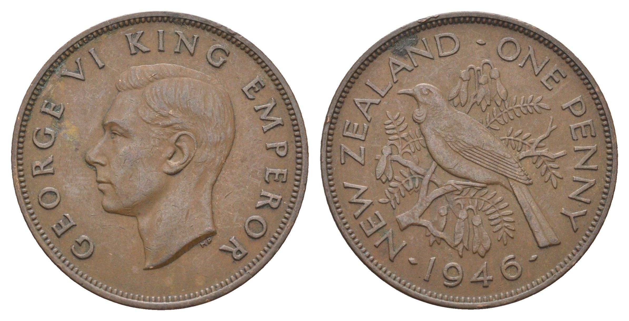 Новая Зеландия 1 пенни 1946 Георг VI (1936-1952), новозеландский туи KM 13 бронза 4661-323
