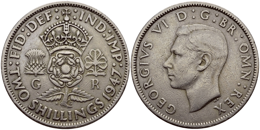 Великобритания 2 шиллинга (флорин) 1947 Георг VI (1936-1952) KM 878, Spink 4107 медно-никель 83-1736