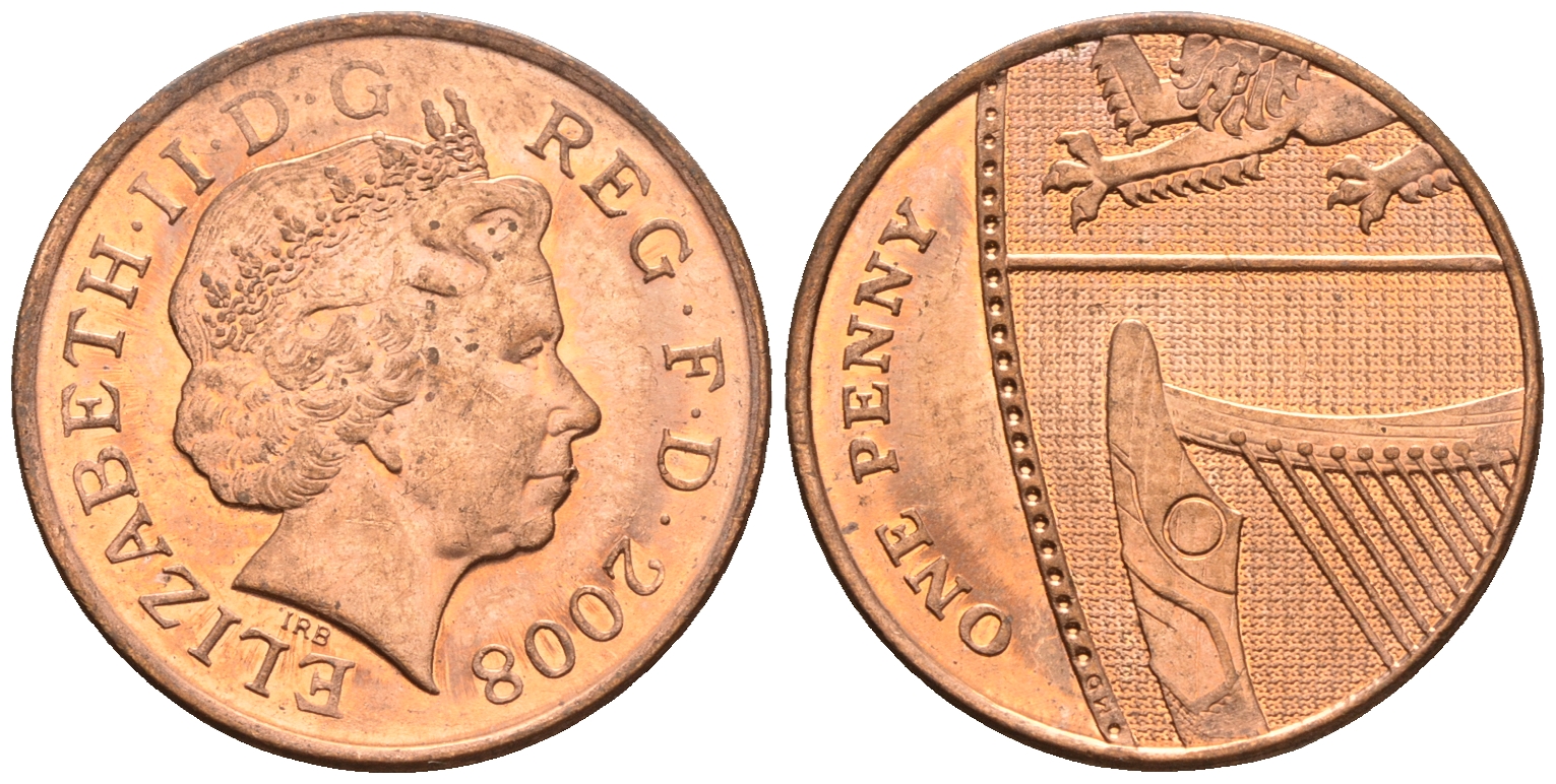 Великобритания 1 пенни 2008 Елизавета II (1952-2022) KM 1107, Spink B6 сталь плакированная медью 4609-645