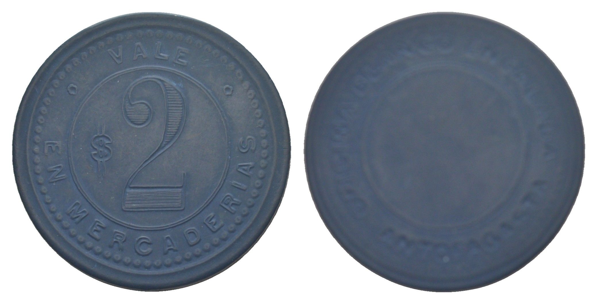 Чили, Энкалада (Encalada), Антофагаста шахтерский жетон с Селитряного рудника для покупки в местных магазинах, номиналом в 2 песо 1880-1920 диаметр 36 мм, вес 3,31 гр Espinosa 44.5 эбонит (синий) 1094-11-53