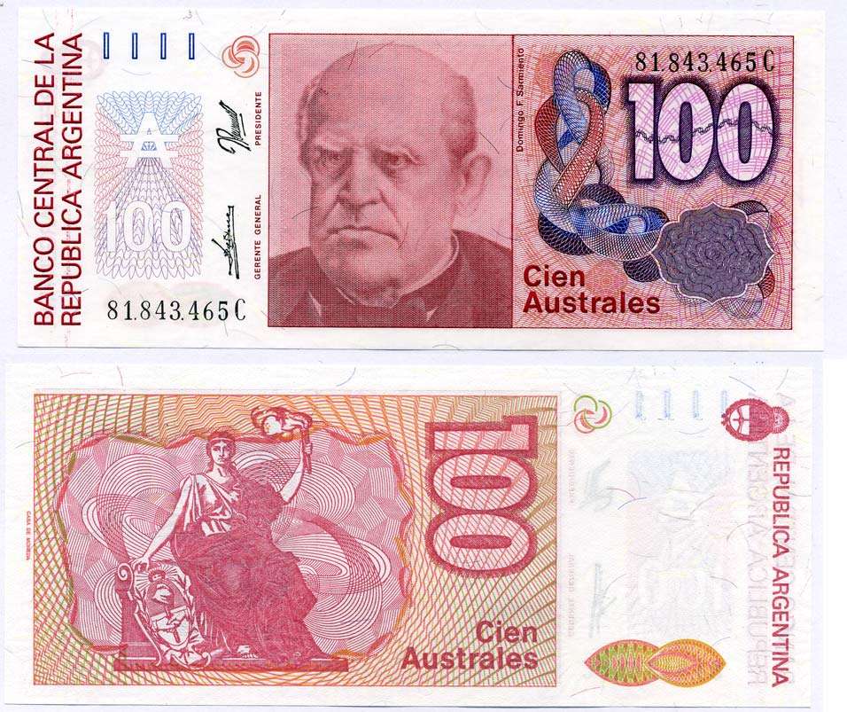 Аргентина 100 АУСТРАЛЕЙ 1990 СЕРИЯ C81843, Фаустино Сармьенто, Аргентинский военный деятель, масон Pick 327с бумага UNC (ПРЕСС) 6262-38-3-1