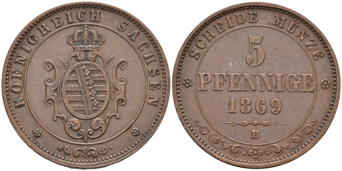 Саксония 5 пфеннигов 1869 В, Johann (1854-1873) KM 1218, AKS 151, J. 123 медь 4587-623