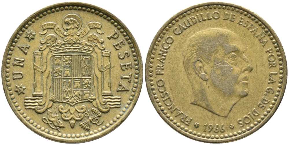 Испания 1 песета 1966 (74) Франсиско Франко (1939-1975) KM 796 алюминиевая бронза 110-1227