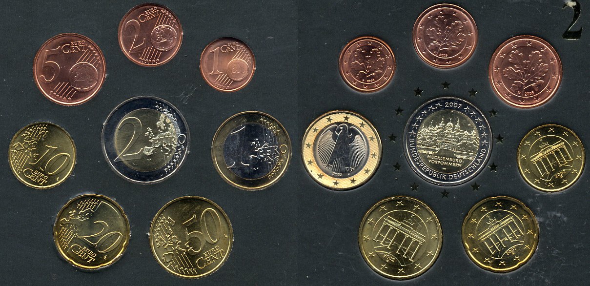 ФРГ евронабор от 1 евроцента до 2 евро включает 2 евро 2007, Мекленбург, планшет биметалл, медно-никель UNC 3-4-9-09