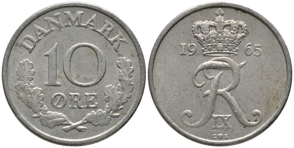 ДАНИЯ 10 ЭРЕ 1965 C; S, ФРЕДЕРИК IX (1947-1972) KM 841.3 медно-никель 116-224