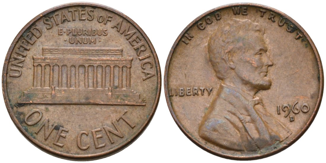 США 1 цент 1960 D, Линкольн KM 201 медь цинк 4564-338