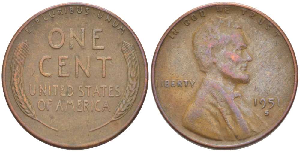 США 1 ЦЕНТ 1951 S, ЛИНКОЛЬН KM А132 медь цинк 218-552