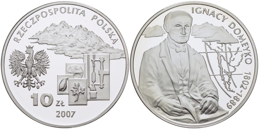 Польша 10 злотых 2007 MW, серия польские путешественники - Игнацы Домейко (1802-1889) KM 585 серебро PROOF 06-245-12