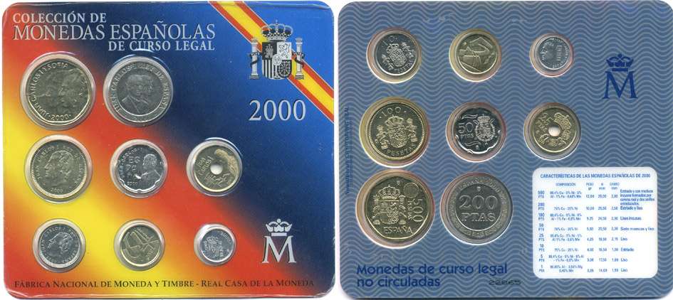 Испания официальный годовой набор песет из 8 монет 2000 UNC 00-00