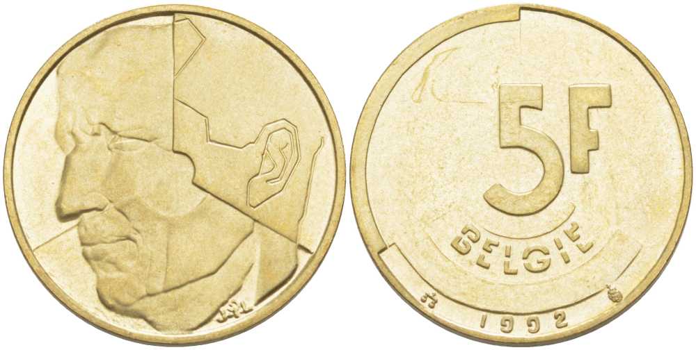 БЕЛЬГИЯ 5 ФРАНКОВ 1992 BELGIE, БОДУЭН I (1951-1993) KM 164 латунь или алюминиевая бронза 4364-1556