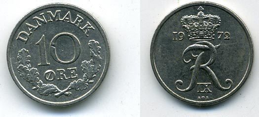 ДАНИЯ 10 ЭРЕ 1972 S; S, ФРЕДЕРИК IX (1947-1972) KM 849.2 медно-никель 54-1148