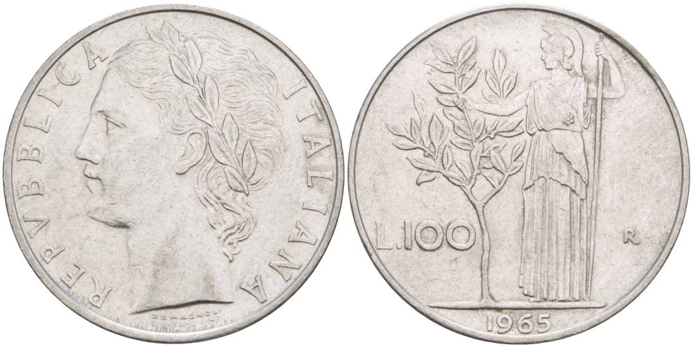 ИТАЛИЯ 100 ЛИР 1965 R, АФИНА У ОЛИВКОВОГО ДЕРЕВА KM 96.1 нержавеющая сталь 4545-634