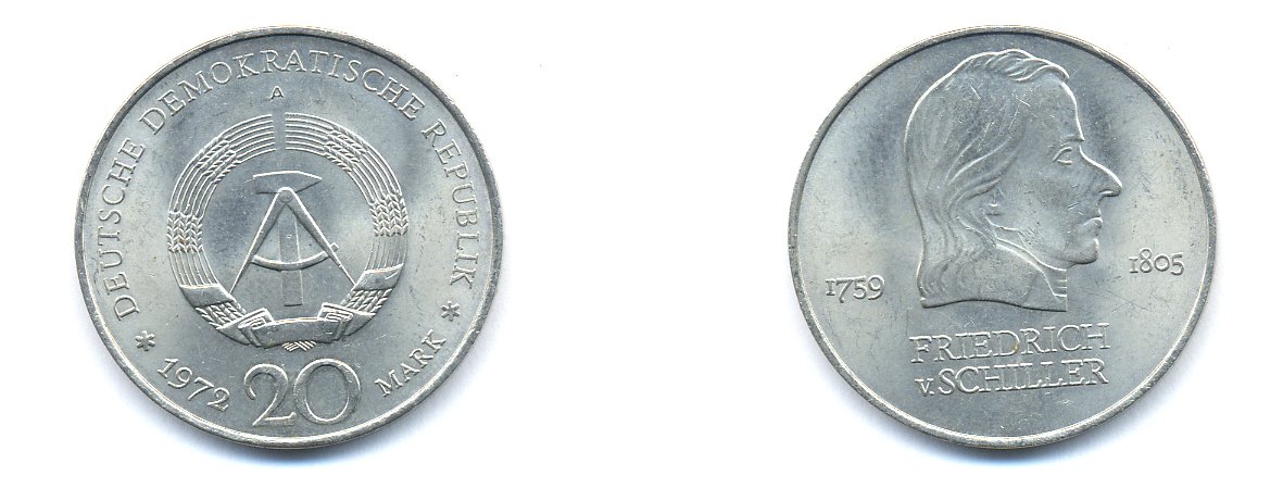 ГДР 20 марок 1972 А, Фридрих Шиллер (1759-1805) KM 40 медно-никель 3333-716