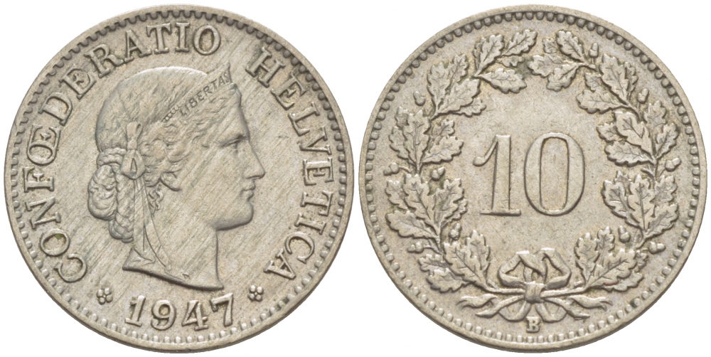 ШВЕЙЦАРИЯ 10 РАППЕНОВ 1947 KM 27 медно-никель 4516-827