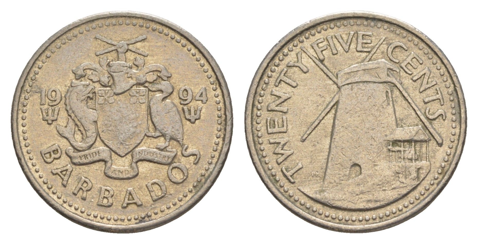 Барбадос 25 центов 1994 ветряная мельница Моргана Льюиса KM 13 медно-никель 4646-232