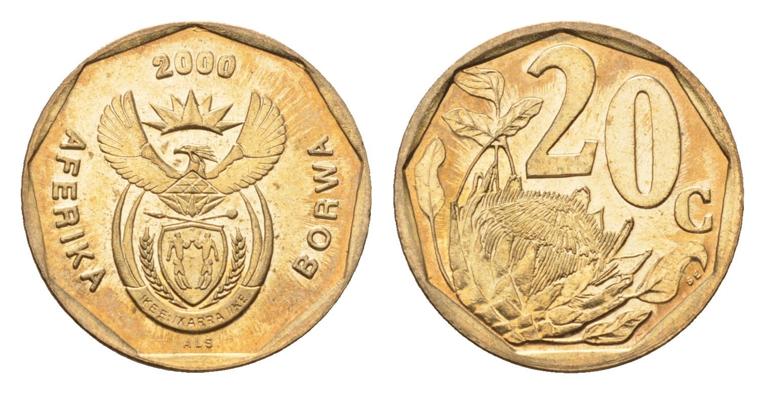 ЮАР 20 центов 2000 герб, цветок протея KM 225 сталь плакированная латунью UNC 4694-919