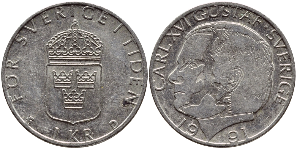 Швеция 1 крона 1991 Карл XVI Густав (1973- ) KM 852a медно-никель 4395-743